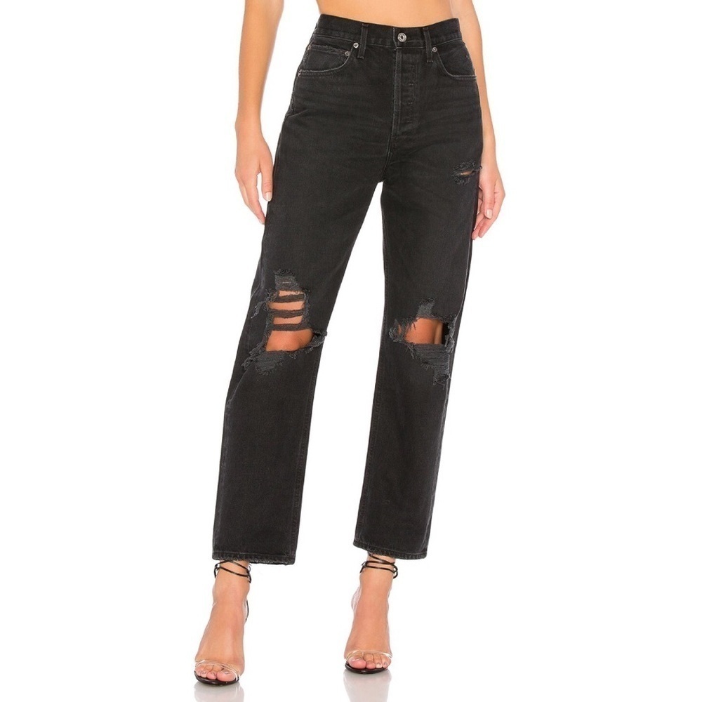 AGOLDE '90s High-Rise Loose Fit Jean Washed Black Distressed Denim Sz 24